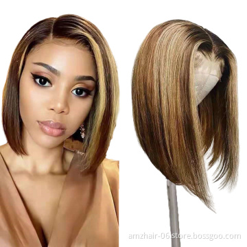 Wholesale Ombre Blonde Short Human Hair Wig Brazilian Virgin Bob Highlight Wigs 100% Human Hair Full Lace Closure Wig In Stock